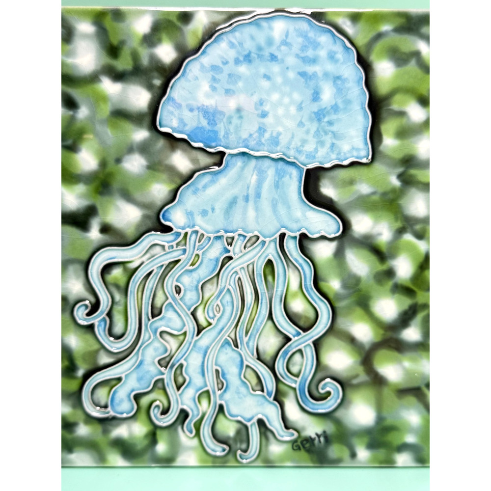 Handmade Blue Jellyfish Ceramic Art Pottery Tile Signed Gerri Easel Back or Wall - Picture 2 of 7